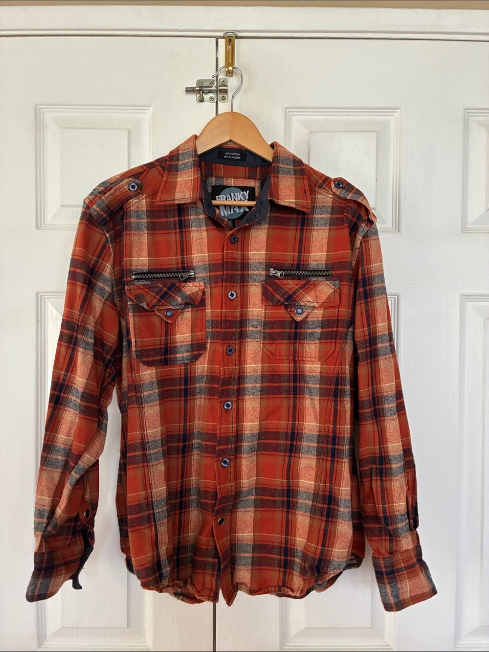 Franky Max shirt Mens Orange Plaid Flannel 100% Cotton